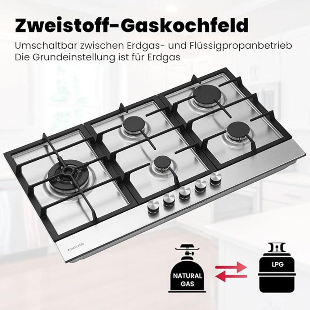 GASLAND Chef GH2905SS1FC 87cm Einbau Gaskochfeld Edelstahl 5 Flammig, Gas Einbau Autark Gaskochfeld mit 2 Stützen, LPG/Erdgas, Edelstahl Gasherd mit Wok Brenner, 10400 Watt