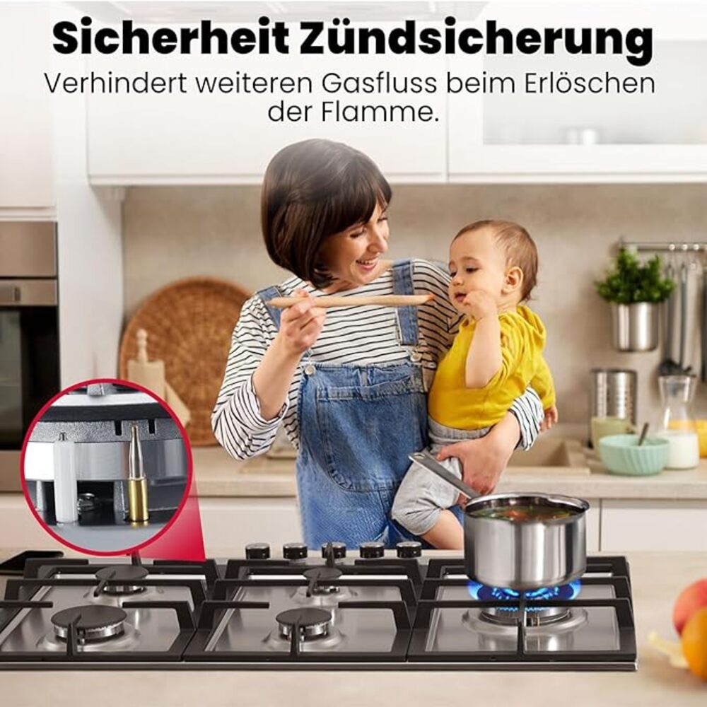 GASLAND Chef GH2905SS1FC 87cm Einbau Gaskochfeld Edelstahl 5 Flammig, Gas Einbau Autark Gaskochfeld mit 2 Stützen, LPG/Erdgas, Edelstahl Gasherd mit Wok Brenner, 10400 Watt