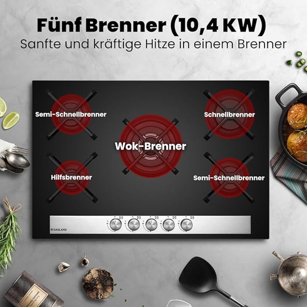 GASLAND Chef GH6805BG1FC Glas Gaskochfeld 5 Flammig, Gas Kochfeld mit Wok Brenner, Einbau Gaskochfelder, 76cm Schwarz Glasherd, Gas Kocher 10400 Watt, LPG/Erdgas