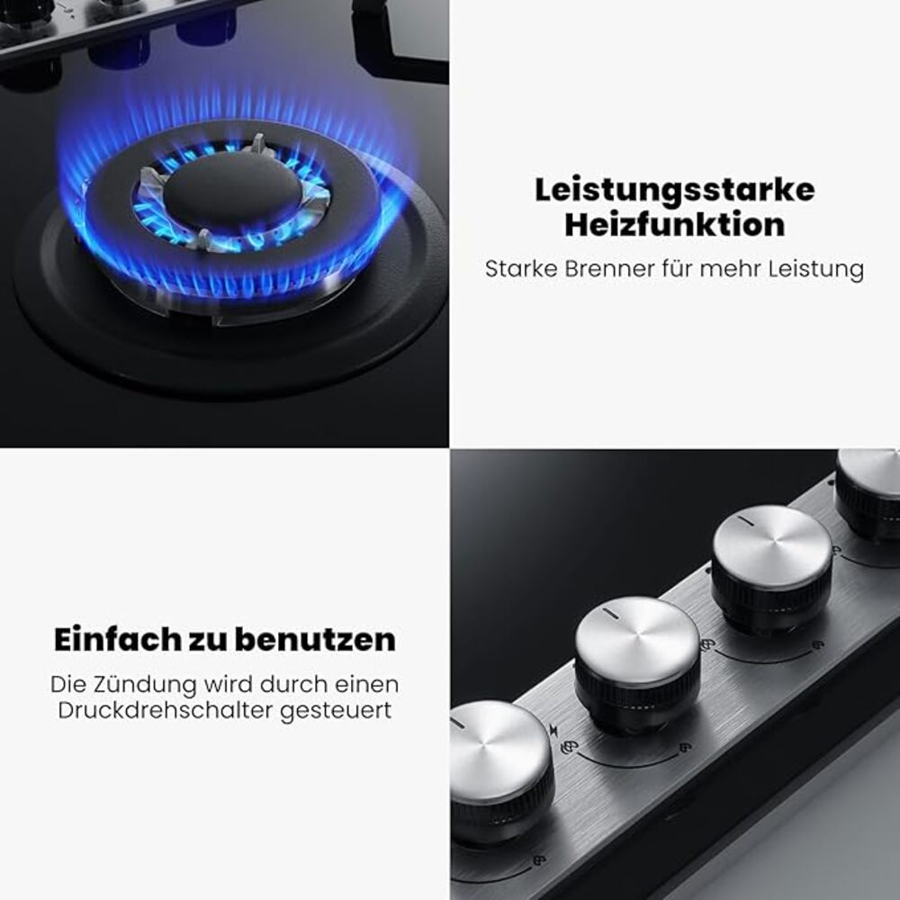 GASLAND Chef GH6805BG1FC Glas Gaskochfeld 5 Flammig, Gas Kochfeld mit Wok Brenner, Einbau Gaskochfelder, 76cm Schwarz Glasherd, Gas Kocher 10400 Watt, LPG/Erdgas