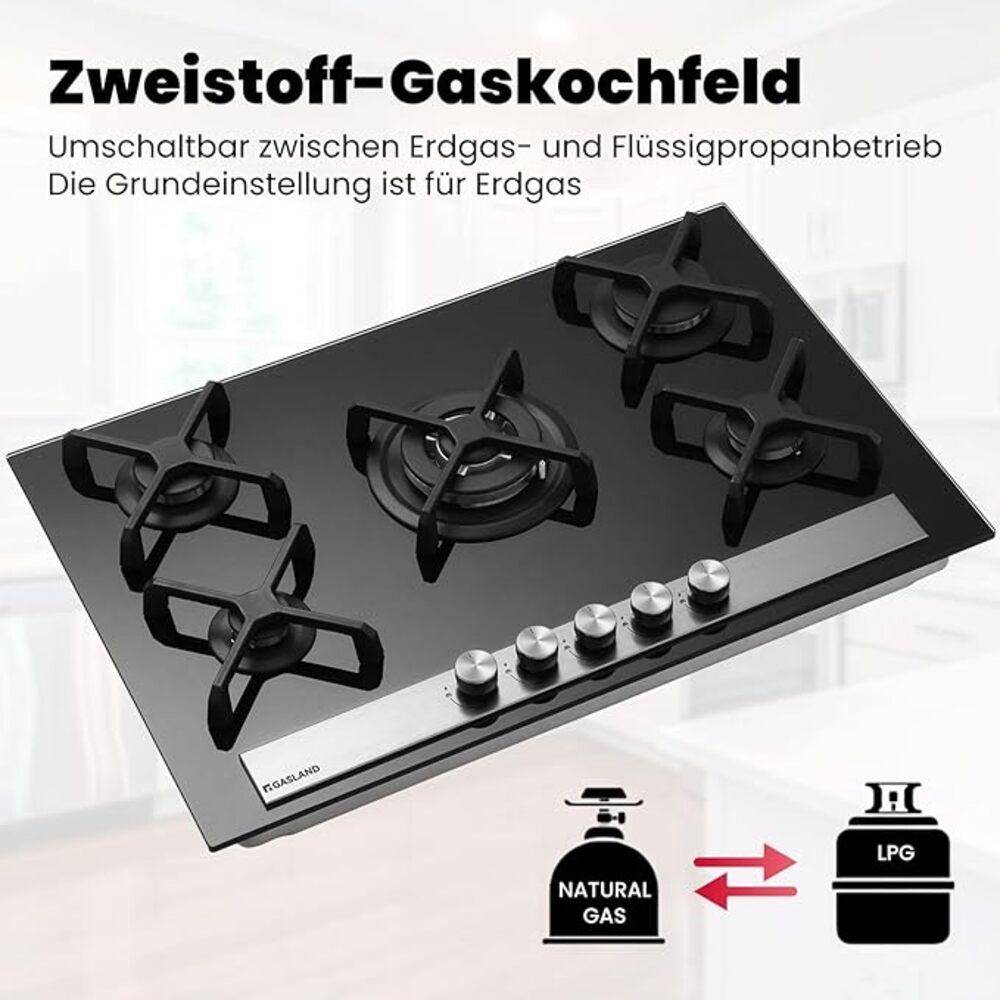 GASLAND Chef GH6805BG1FC Glas Gaskochfeld 5 Flammig, Gas Kochfeld mit Wok Brenner, Einbau Gaskochfelder, 76cm Schwarz Glasherd, Gas Kocher 10400 Watt, LPG/Erdgas