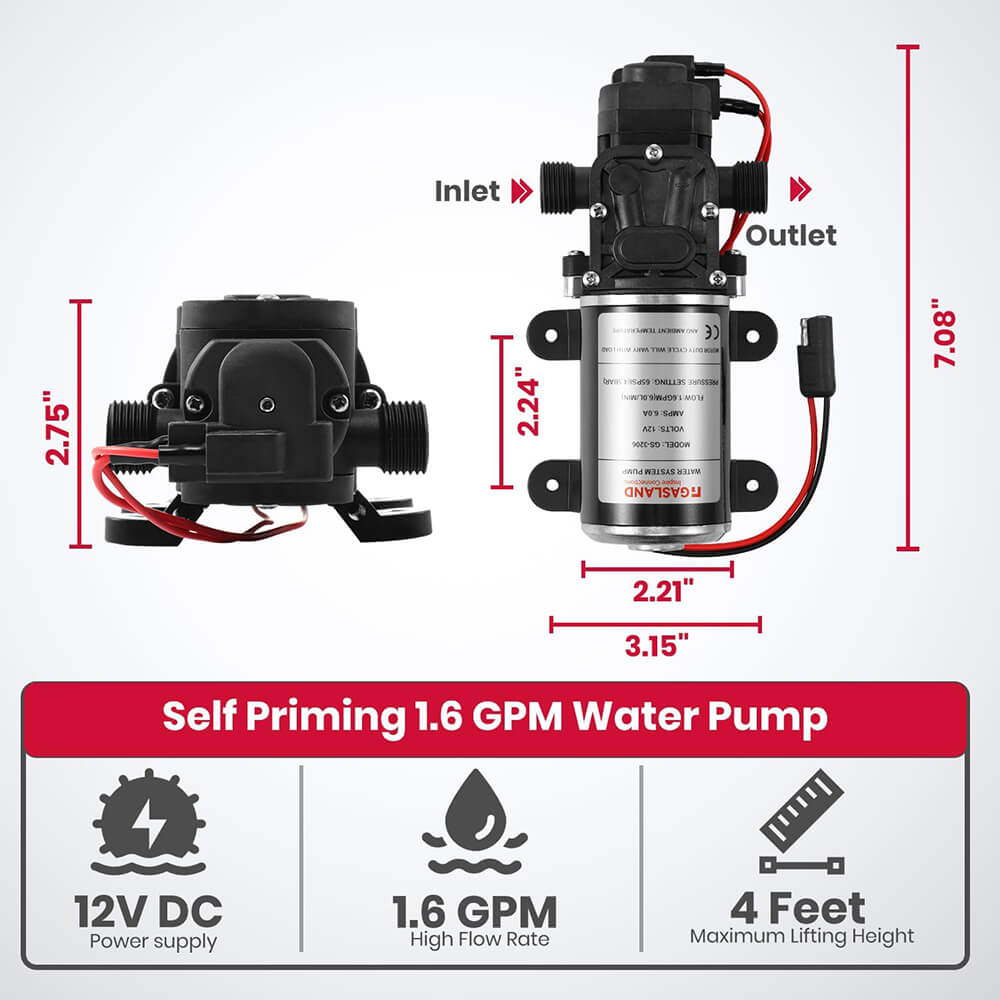 GASALND 1.6GPM 12V DC 65 PSI Water Pressure Pump Kit