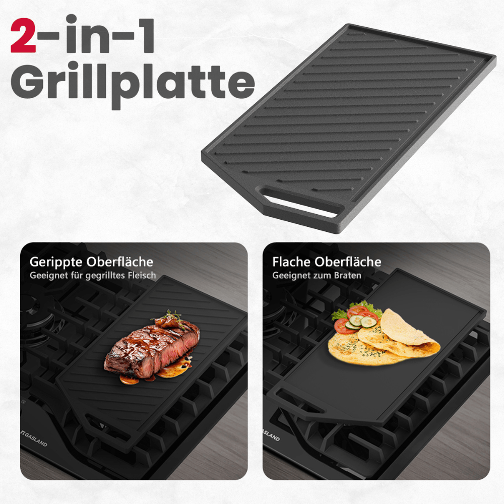 GASLAND 2-in-1 wendbarer Gusseisen-Grill/Grillplatte für Gasherd mit komfortablen Griffen, Rostfreie Beschichtung, Schwarz