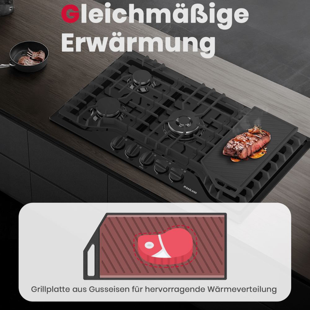 GASLAND 2-in-1 wendbarer Gusseisen-Grill/Grillplatte für Gasherd mit komfortablen Griffen, Rostfreie Beschichtung, Schwarz