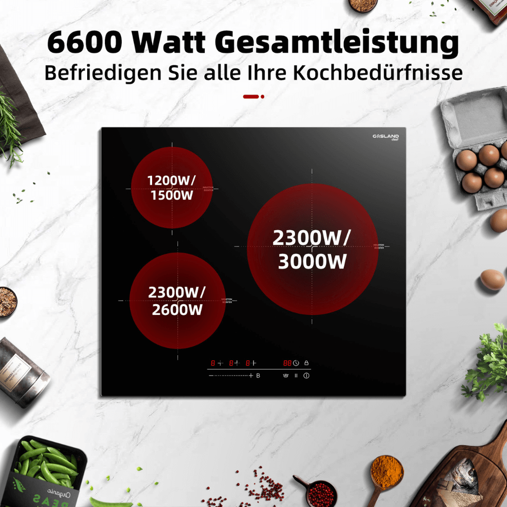 GASLAND Chef IH603BF-DE 60 cm Integrierter Induktionskochfeld 3 Zonen, 6600W Induktionsherd mit Sensor-Berührung, Boost-Funktion, Warmhaltefunktionen, Stop & Go-Funktion, Timer-Funktion