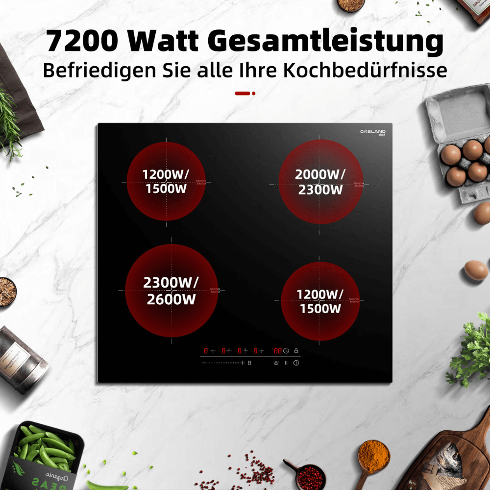 GASLAND Chef IH60BF-DE 60 cm Integrierter Induktionskochfeld 4 Zonen, 7200W Induktionsherd mit Sensor-Touch, Boost-Funktion, Warmhaltefunktionen, Stop & Go-Funktion, Timer-Funktion, Sicherheitssperre