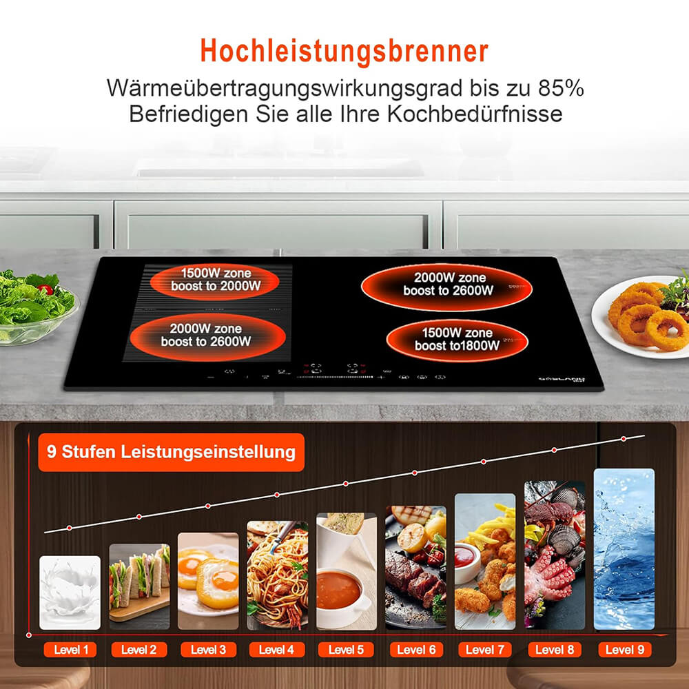 GASLAND Chef Induktions Kochfeld IH604BF 60cm 7000W Elektroherd mit 4 Boost-Zonen FlexInduktionskochfeld für BBQ Warm Up/STOP + GO-Funktion