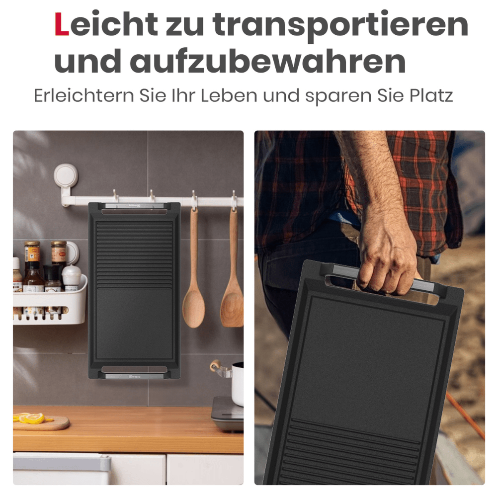 GASLAND Grillplatte mit Seitengriffen, Grillpfannen für Induktionskochfelder, Gusseisen mit Teflonbeschichtung: Antihaft- und Rostschutz, Zubehör, Grillschale