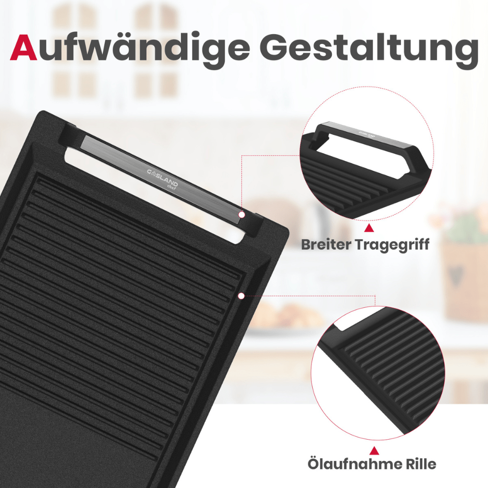 GASLAND Grillplatte mit Seitengriffen, Grillpfannen für Induktionskochfelder, Gusseisen mit Teflonbeschichtung: Antihaft- und Rostschutz, Zubehör, Grillschale