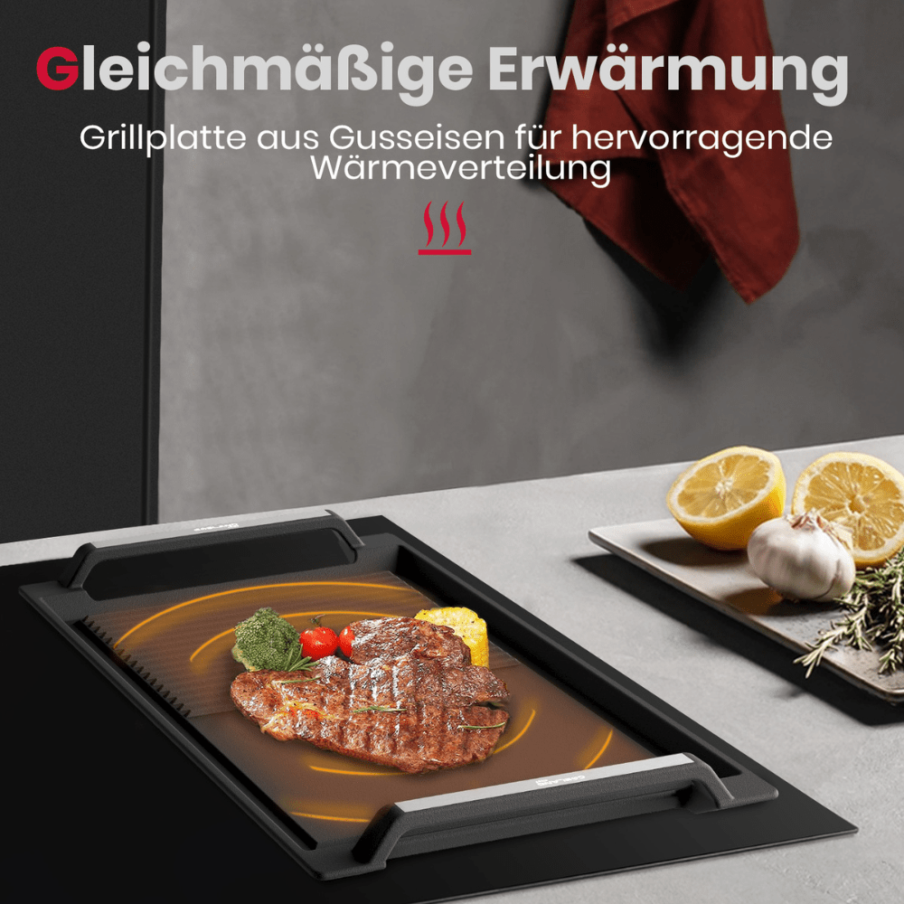 GASLAND Grillplatte mit Seitengriffen, Grillpfannen für Induktionskochfelder, Gusseisen mit Teflonbeschichtung: Antihaft- und Rostschutz, Zubehör, Grillschale