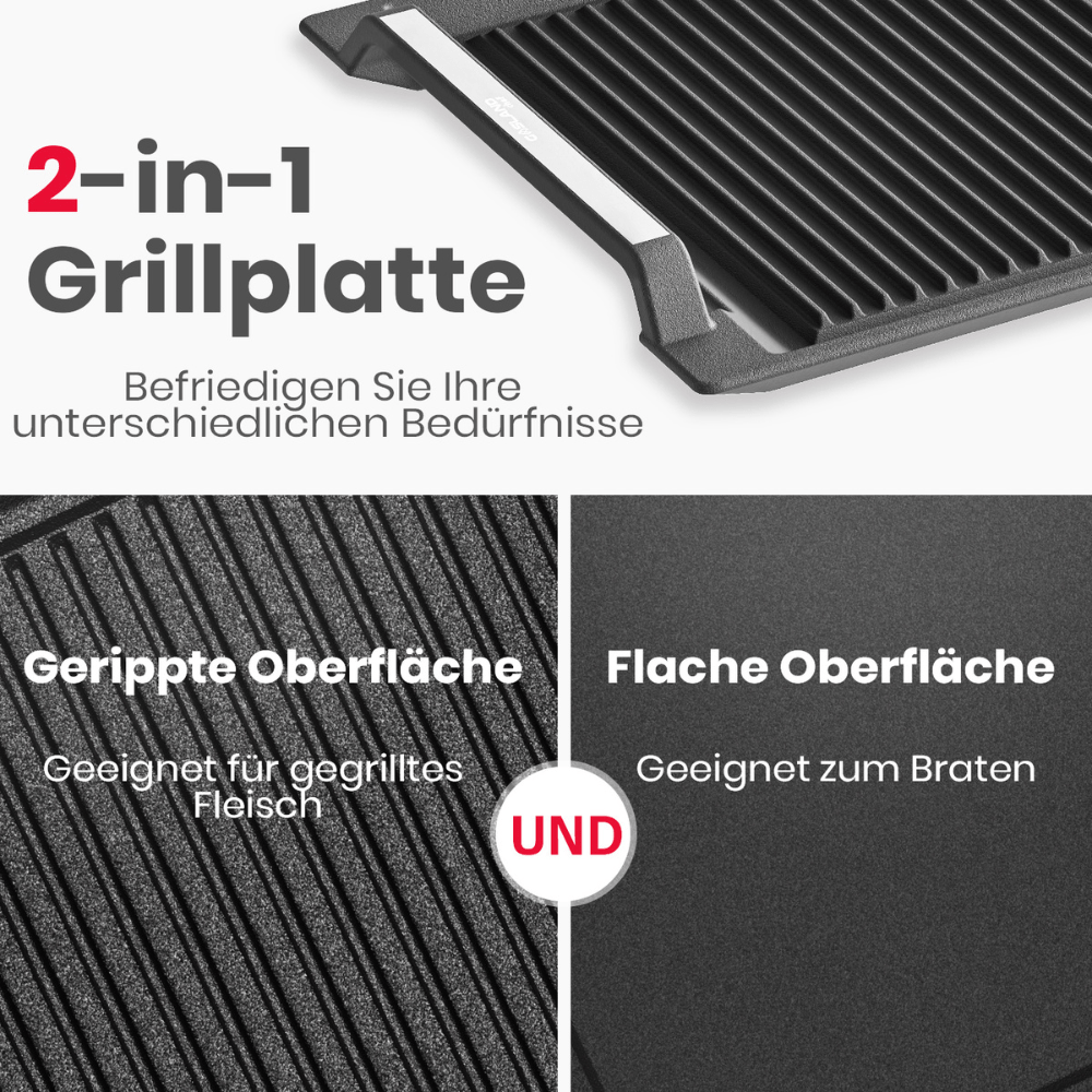 GASLAND Grillplatte mit Seitengriffen, Grillpfannen für Induktionskochfelder, Gusseisen mit Teflonbeschichtung: Antihaft- und Rostschutz, Zubehör, Grillschale