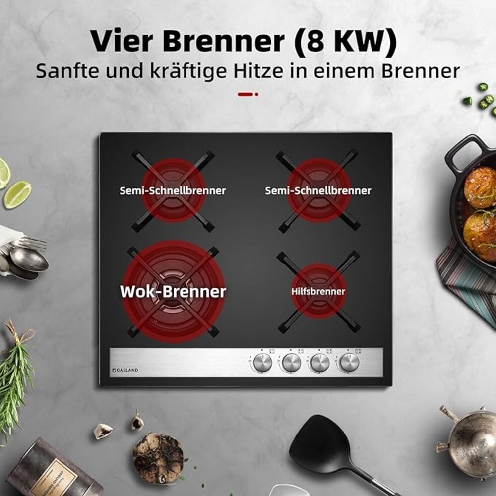 GH6604BG1FC 4 Flammig 60 cm Schwarz Glasherd Glas Gaskochfeld