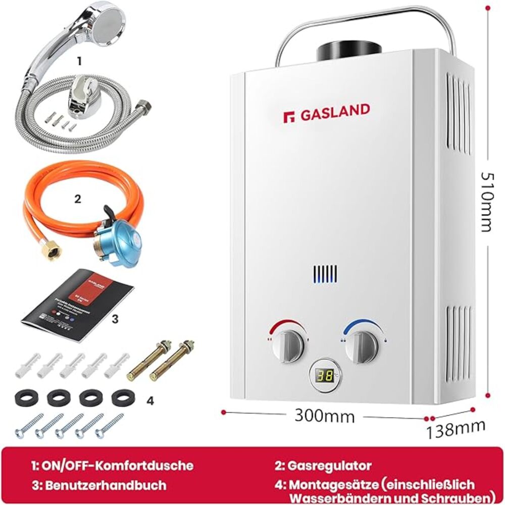 GASLAND BE158 Gas Durchlauferhitzer Propangas 6L Camping Durchlauferhitzer Gastherme 50mbar Campingdusche Warmwasser