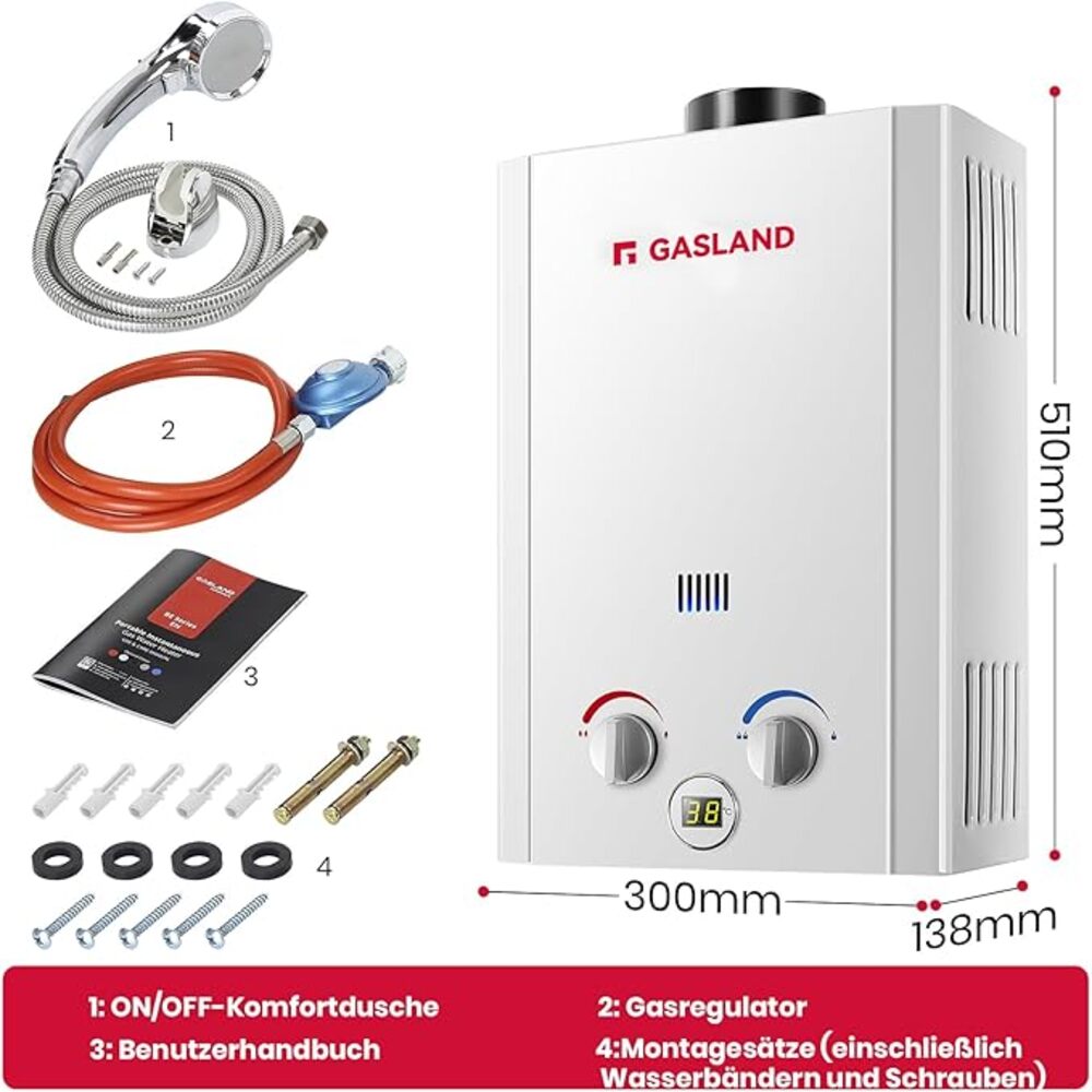 GASLAND BE264 Gas Durchlauferhitzer Propangas 10L Camping Durchlauferhitzer Gastherme 50mbar Campingdusche Warmwasser