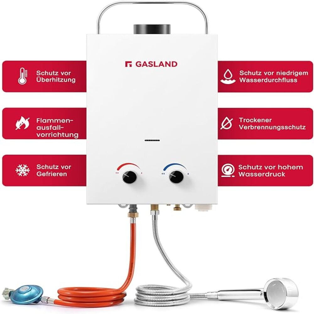 GASLAND BS158 6L 50mbar Tankless Gasdurchlauferhitzer, Gas Wasser Heizung Tragbarer mit Griff Falten, LPG Durchlauferhitzer für Campingdusche/Wohnmobilausflug/Waschpferd [Energieklasse A+]