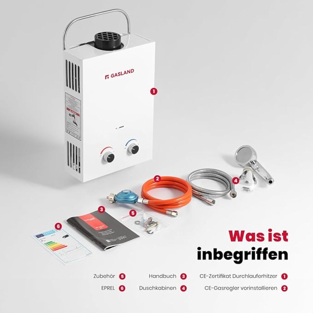 GASLAND BS158 6L 50mbar Tankless Gasdurchlauferhitzer, Gas Wasser Heizung Tragbarer mit Griff Falten, LPG Durchlauferhitzer für Campingdusche/Wohnmobilausflug/Waschpferd [Energieklasse A+]