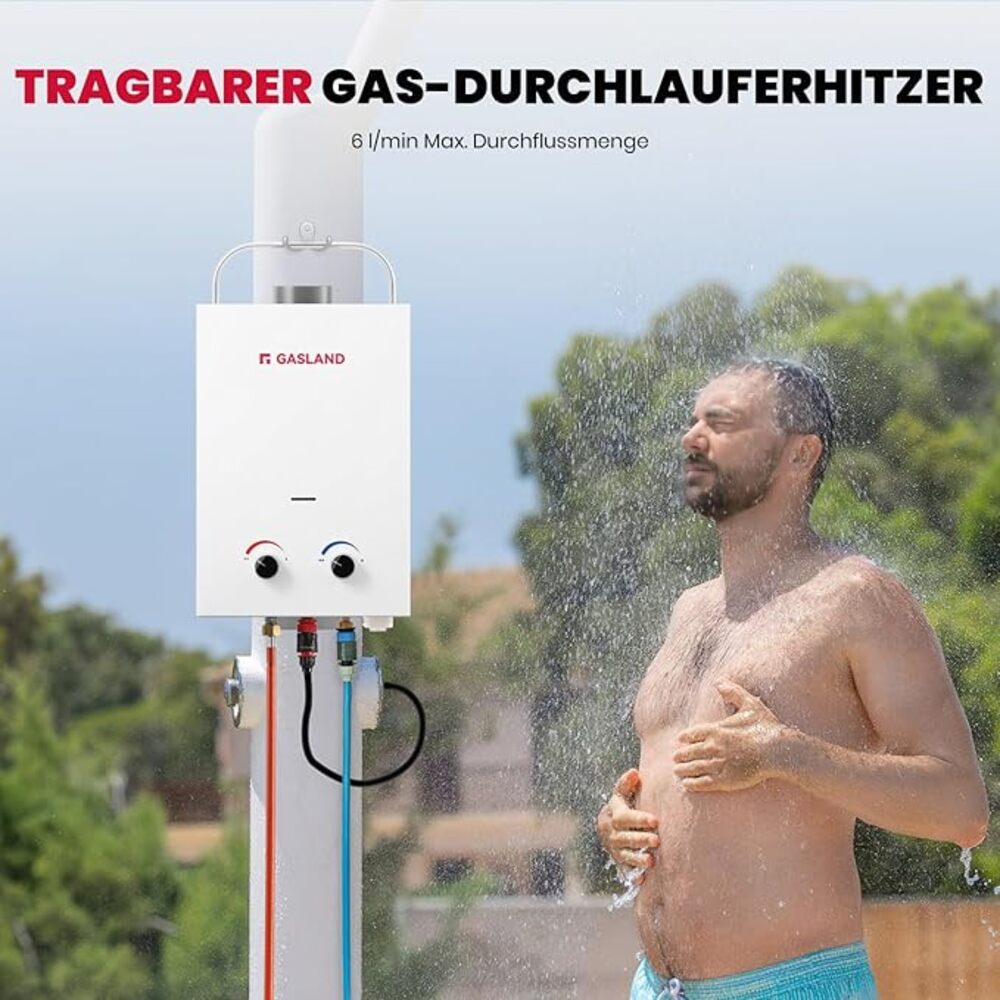 GASLAND BS158 6L 50mbar Tankless Gasdurchlauferhitzer, Gas Wasser Heizung Tragbarer mit Griff Falten, LPG Durchlauferhitzer für Campingdusche/Wohnmobilausflug/Waschpferd [Energieklasse A+]