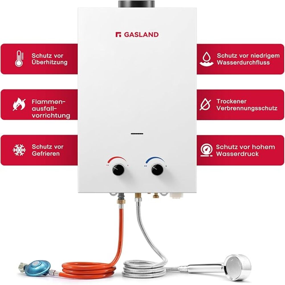 GASLAND BS264 10L 50mbar Tankless Gasdurchlauferhitzer, Gas Wasser Heizung Tragbarer mit Griff Falten, LPG Durchlauferhitzer für Campingdusche/Wohnmobilausflug/Waschpferd [Energieklasse A+]