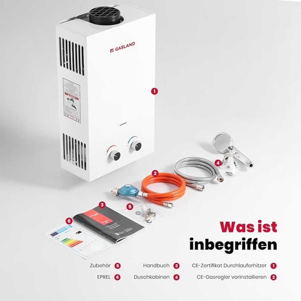 GASLAND BS264 10L 50mbar Tankless Gasdurchlauferhitzer, Gas Wasser Heizung Tragbarer mit Griff Falten, LPG Durchlauferhitzer für Campingdusche/Wohnmobilausflug/Waschpferd [Energieklasse A+]