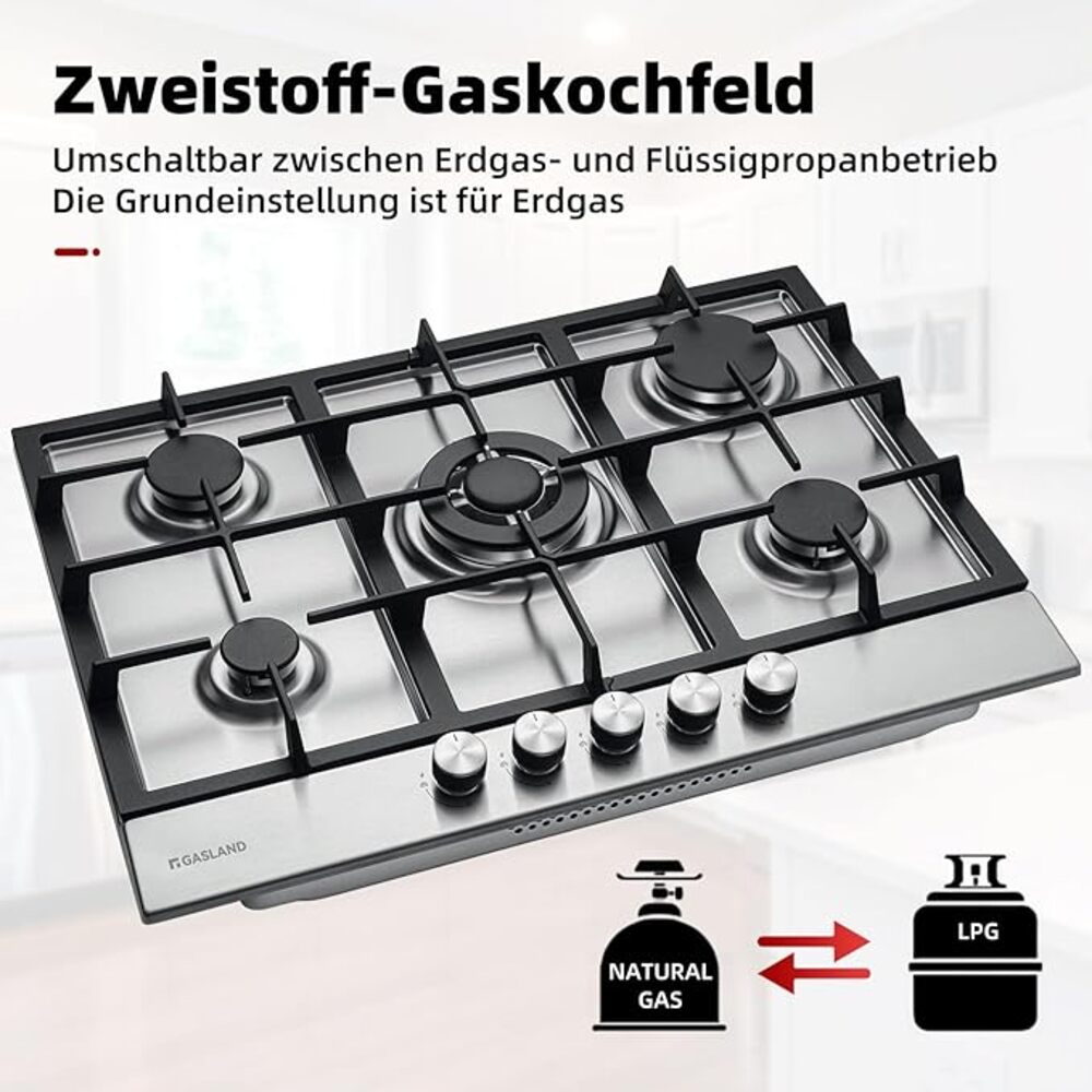 GASLAND Chef GH2705SS1FC 68cm Einbau Gaskochfeld Edelstahl 5 Flammig, Gas Einbau Autark Gaskochfeld, LPG/Erdgas, Edelstahl Gasherd mit Wok Brenner, 10400 Watt