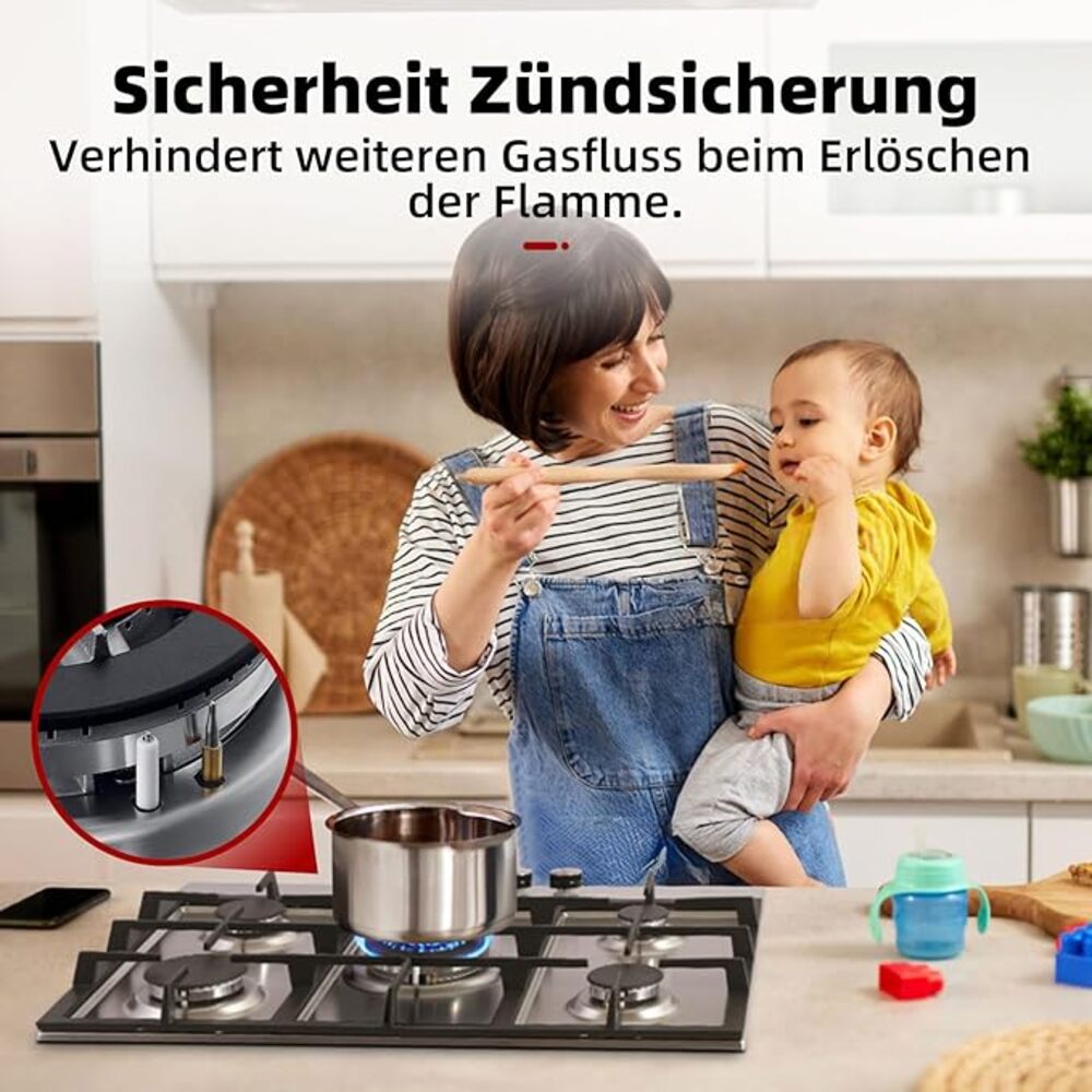 GASLAND Chef GH2705SS1FC 68cm Einbau Gaskochfeld Edelstahl 5 Flammig, Gas Einbau Autark Gaskochfeld, LPG/Erdgas, Edelstahl Gasherd mit Wok Brenner, 10400 Watt