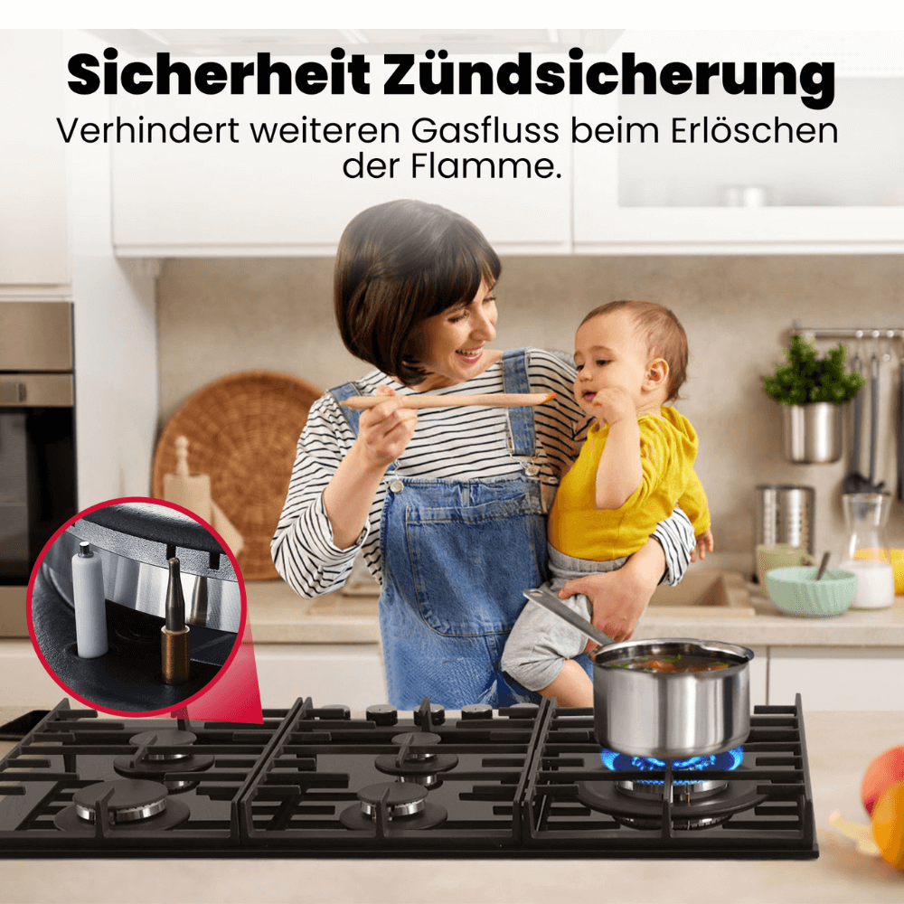 GASLAND Chef GH2905BG1FC Glas Gaskochfeld 5 Flammig, Gas Kochfeld mit Wok Brenner, Einbau Gaskochfelder, 87cm Schwarz Glasherd, Gas Kocher mit 2 Stützen, 10400 Watt, LPG/Erdgas