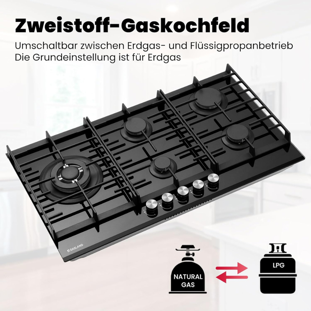 GASLAND Chef GH2905BG1FC Glas Gaskochfeld 5 Flammig, Gas Kochfeld mit Wok Brenner, Einbau Gaskochfelder, 87cm Schwarz Glasherd, Gas Kocher mit 2 Stützen, 10400 Watt, LPG/Erdgas