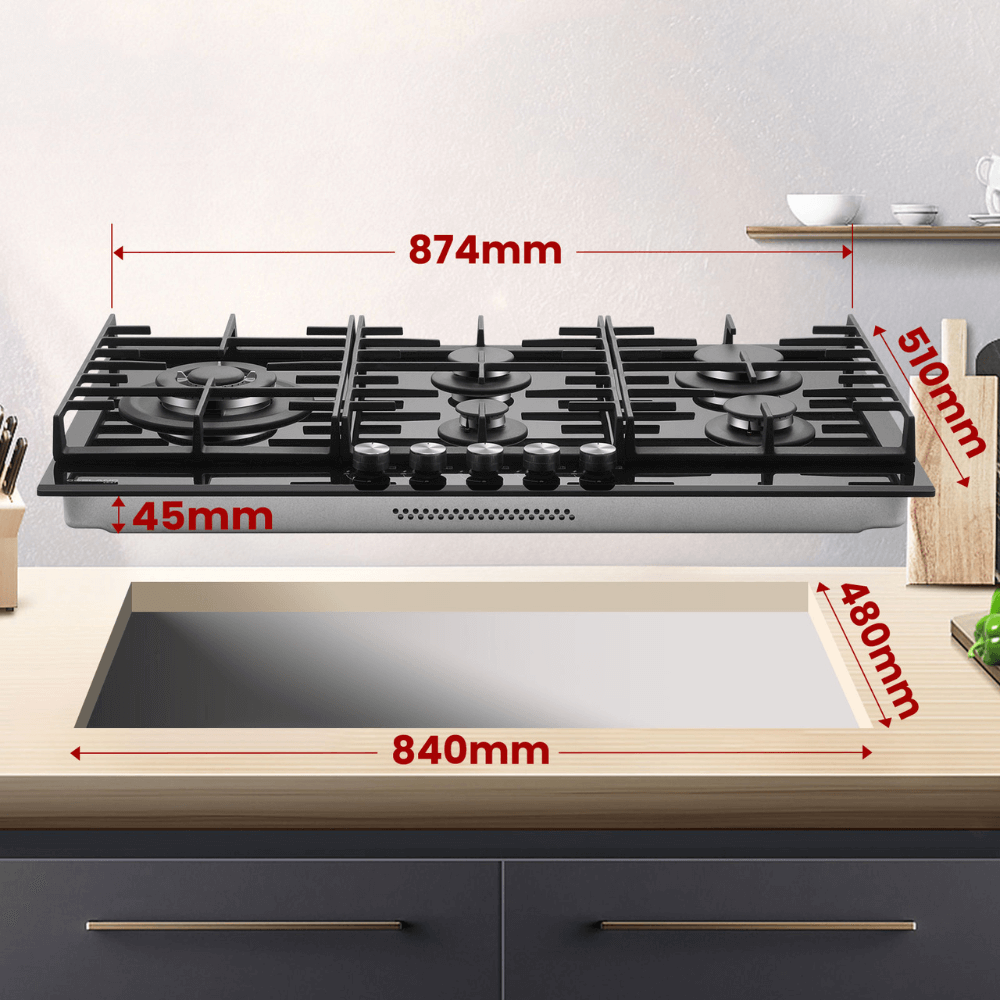 GASLAND Chef GH2905BG1FC Glas Gaskochfeld 5 Flammig, Gas Kochfeld mit Wok Brenner, Einbau Gaskochfelder, 87cm Schwarz Glasherd, Gas Kocher mit 2 Stützen, 10400 Watt, LPG/Erdgas