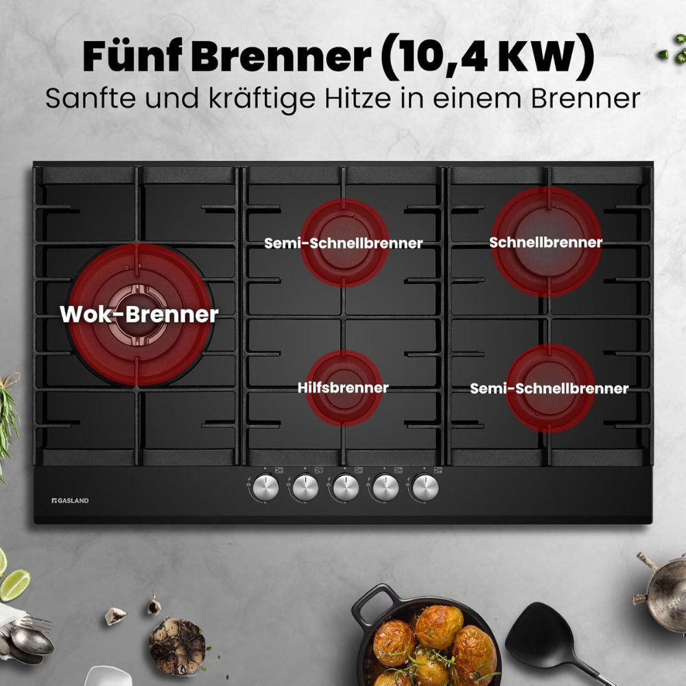 GASLAND Chef GH2905BG1FC Glas Gaskochfeld 5 Flammig, Gas Kochfeld mit Wok Brenner, Einbau Gaskochfelder, 87cm Schwarz Glasherd, Gas Kocher mit 2 Stützen, 10400 Watt, LPG/Erdgas