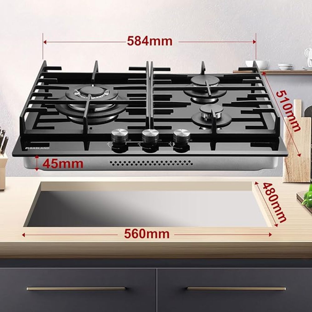 GH603BF 3 Flammig 60 cm Schwarz Glasherd Gas Kochfeld