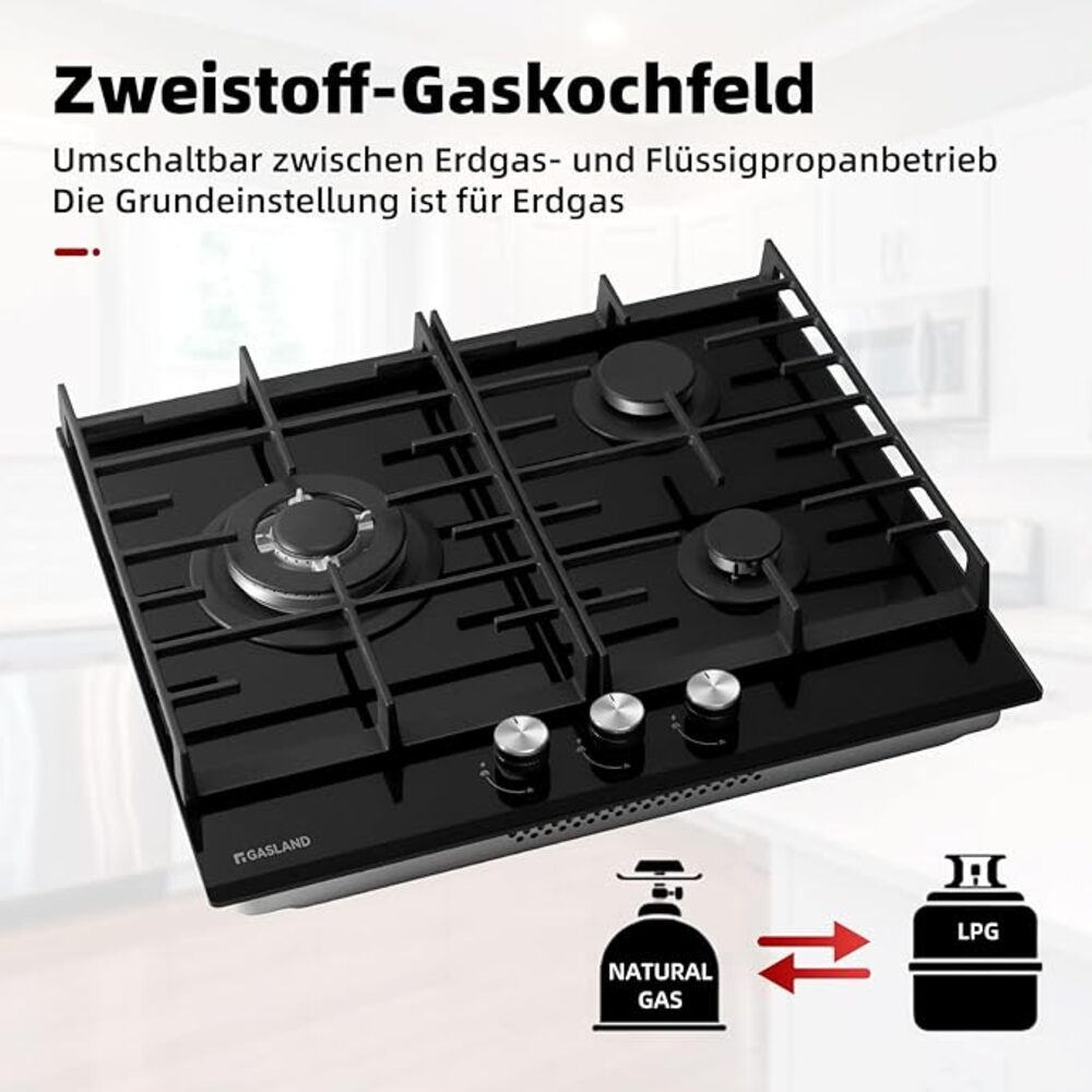 GH603BF 3 Flammig 60 cm Schwarz Glasherd Gas Kochfeld