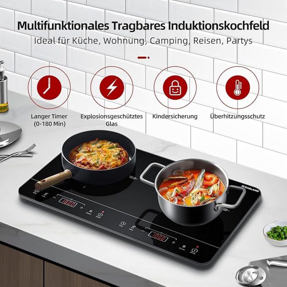 GASLAND Chef IH60BT Doppel Induktionskochplatte, 3500W Induktionskochfeld 2 Platten mit Sensor-Touch, 10 Temperaturstufen, 10 Leistungsstufen, Timer-Funktion, Sicherheitssperre, Energiesparend