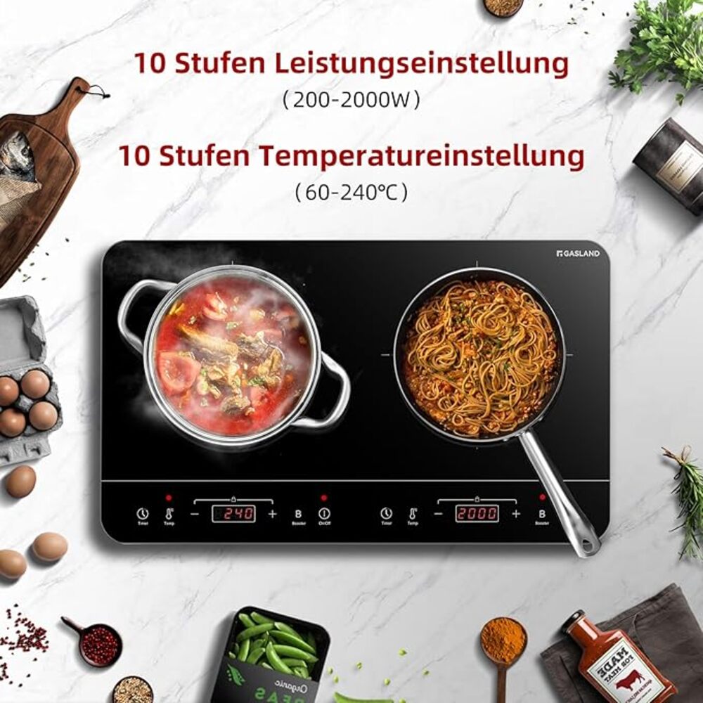 GASLAND Chef IH60BT Doppel Induktionskochplatte, 3500W Induktionskochfeld 2 Platten mit Sensor-Touch, 10 Temperaturstufen, 10 Leistungsstufen, Timer-Funktion, Sicherheitssperre, Energiesparend