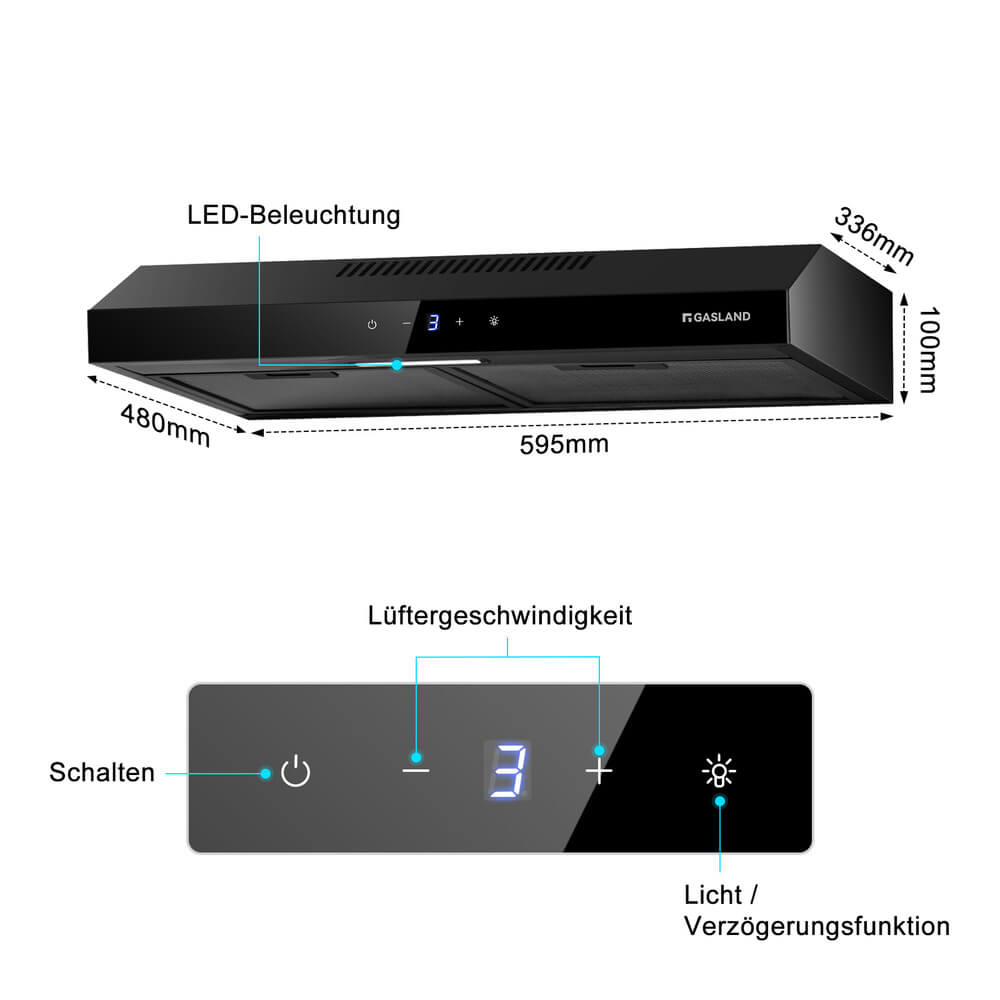 GASLAND Chef SR60BS Dunstabzugshaube 60cm Umluft, Abluft 202 m³/h, 3 Stufen Touch Control, Schwarz Stahl, Glasbildschirme