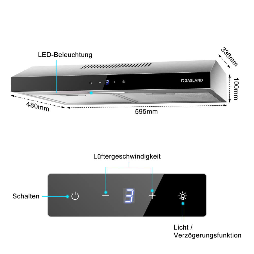 Gasland SR60SS Dunstabzugshaube 60cm Umluft, Leise Abluft 202 m³/h Aktivkohlefilter, 3 Stufen Touch Control Unterbauhaube abzugshaube mit Filter Edelstahl Silber Glasbildschirme [Energieklasse C]