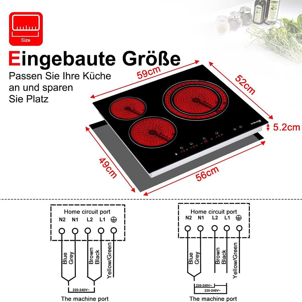 GASLAND CH603BF Glaskeramikkochfeld/ 60cm Kochfeld Elektro/Einbaukochfeld/ 3 Kochzonen/Zweifach-Zone/Kindersicherung/ 5,4kW/ Geeignet für Alle Töpfe