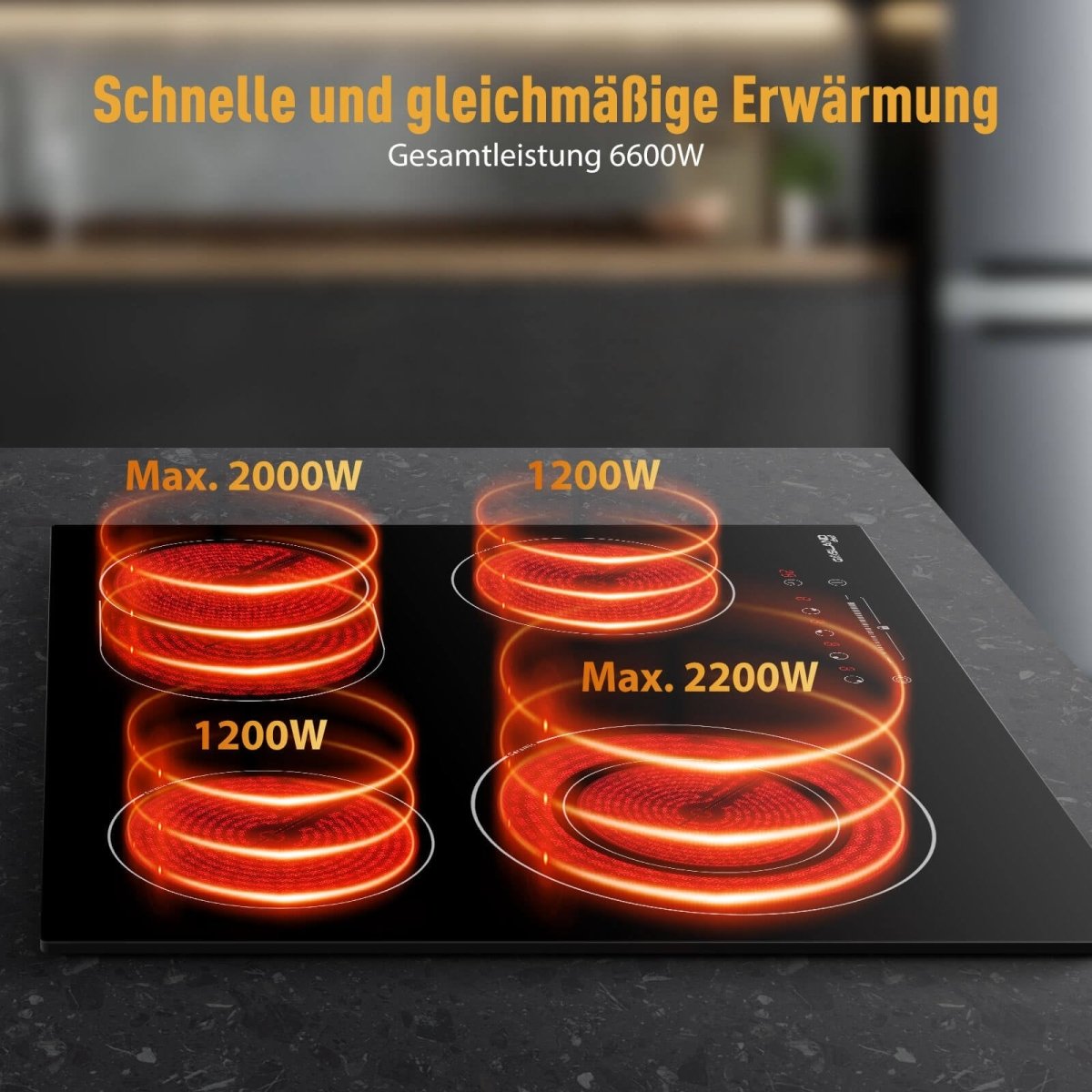 GASLAND CH604BF 60cm Glaskeramikkochfeld/Einbaukochfeld/ 4 Kochzonen/Zweifach-Zone/Bräterzone/Slider-Bedienung/Kindersicherung/ 6,6kW