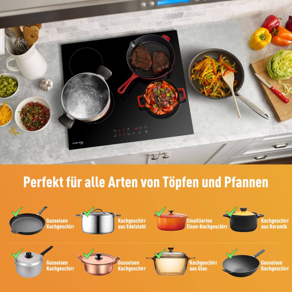 GASLAND Chef CH60BF Einbaukochfeld/ 60cm Glaskeramik kochfeld/ 4 Kochzonen Kochfeld Elektro/Kindersicherung/Automatik-Timer/ 6000W